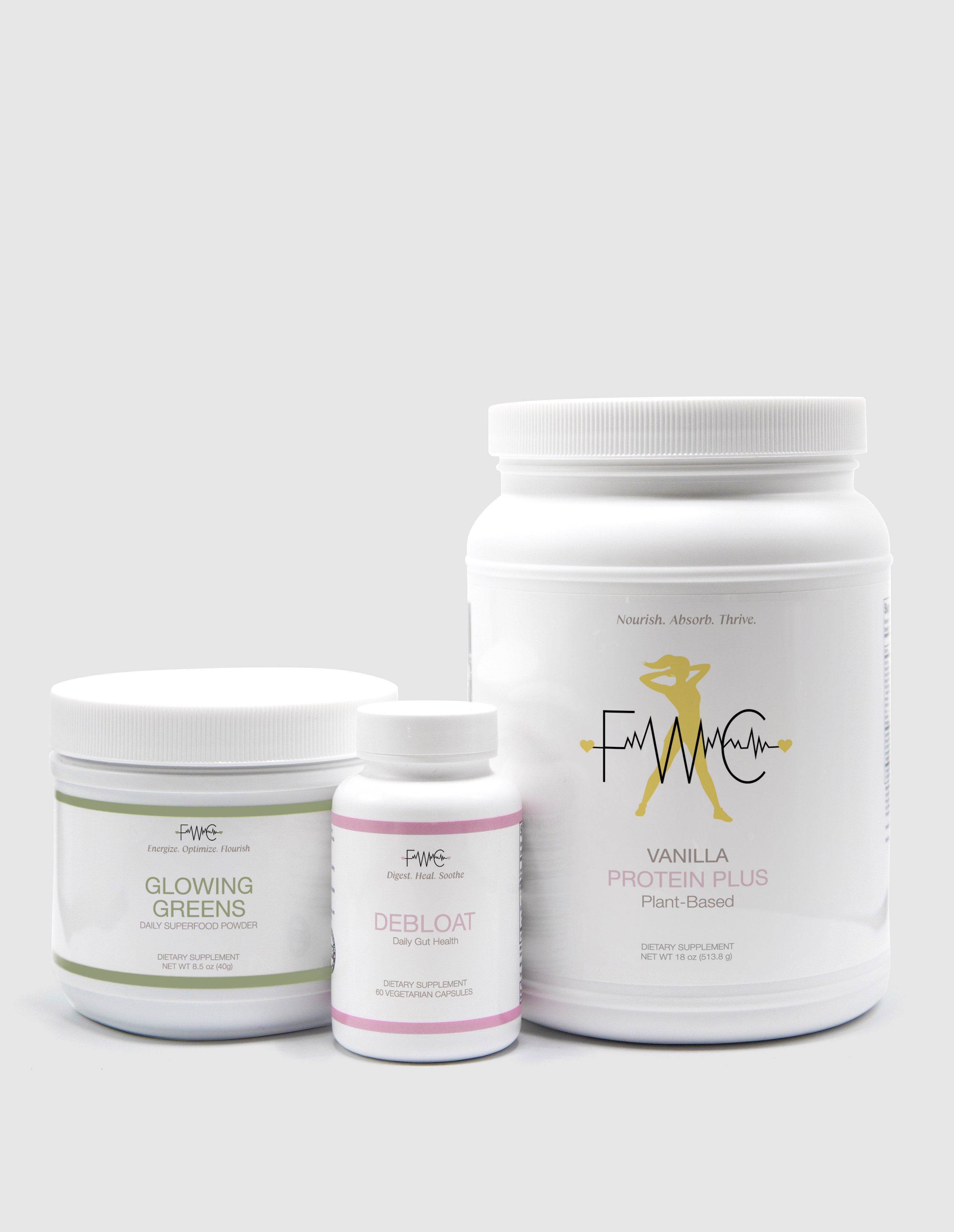 White container of vanilla plant-based protein powder on scattered protein powder background.