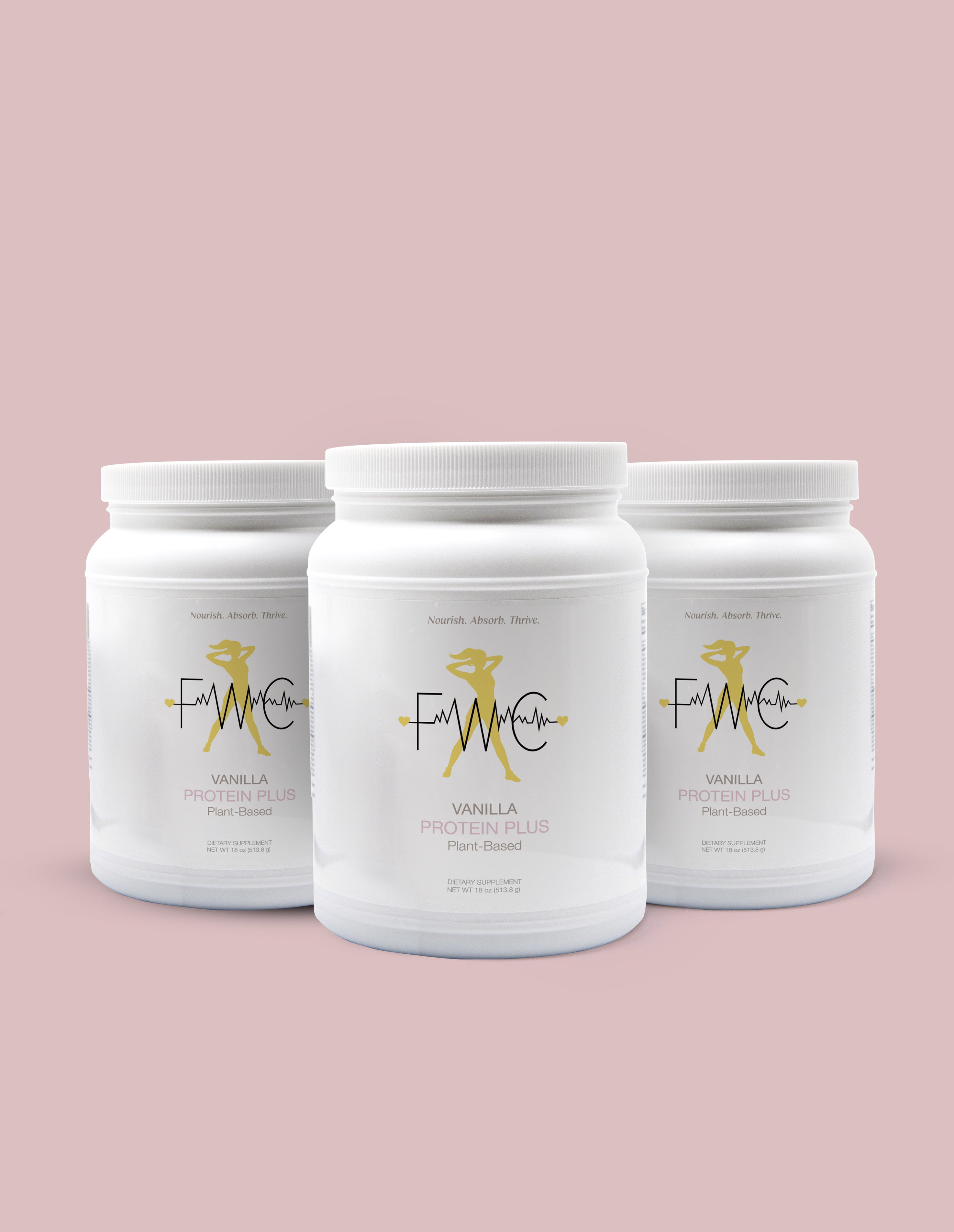 White container of vanilla plant-based protein powder on scattered protein powder background.